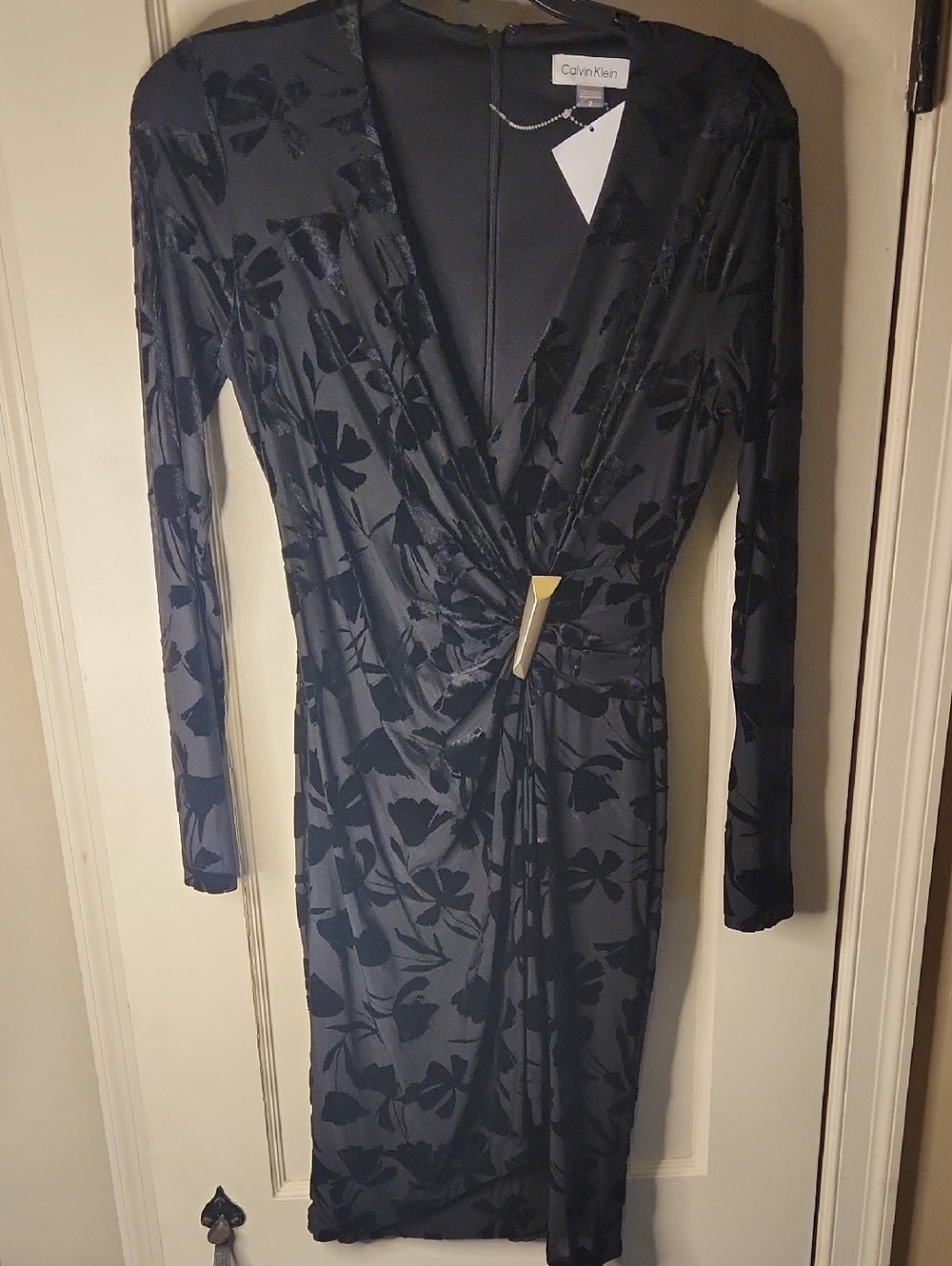 Calvin Klein Navy Floral Burnout Long Sleeve Wrap Dress